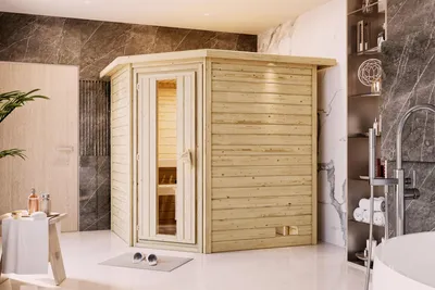 Produktbild von Sauna Mia : mit Licht-Dachkranz : 9 kW finnisch Ofen + Steuergerät Easy Finnisch : Isolierte Holztür Licht-Dachkranz: mit Licht-Dachkranz Saunaofen: 9 kW finnisch Ofen + Steuergerät Easy Finnisch Saunatür: Isolierte Holztür