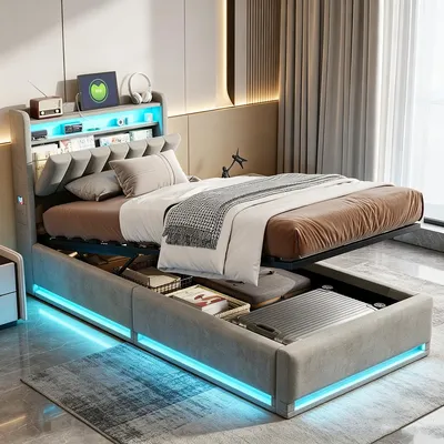 Zdjęcie produktu dla Łóżko platformowe INONEFT, 90x200 cm, z podświetleniem LED i portami USB, tapicerowane łóżko z pojemnikiem na pościel, hydrauliczne łóżko jednoosobowe, obite welurem, kolor: szary.