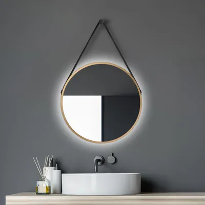 Produktbild von LED Wandspiegel 50 cm, gold, Alu, Licht neutralweiß, IP24, Lederband