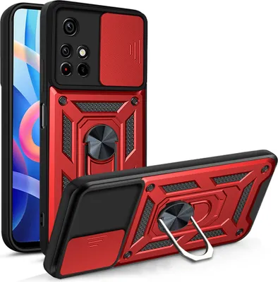 Produktbild von Xiaomi Poco M4 Pro 5G Hülle mit 360° Drehbarer Magnetische Ring Ständer Halter Dia Kameraschutz TPU Bumper Silikon Schutzhülle für Xiaomi Poco M4 Pro 5G Rot