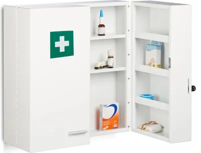Produktbild von Relaxdays Medizinschrank, abschließbar, 11 Fächer, Stahl, HBT: 53 x 53 x 21,5 cm, Doppeltür, Medikamentenschrank, weiß