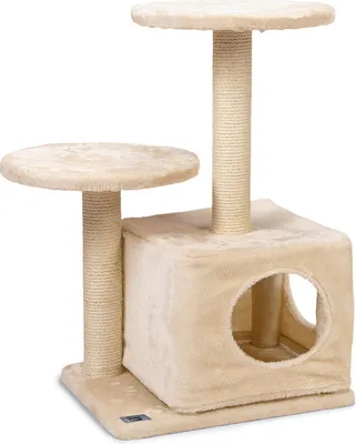 A beige cat tree with multiple levels and a scratching post, shown against a white background.