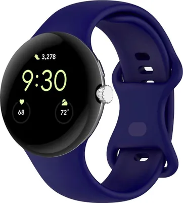 A close-up studio shot of a blue smartwatch with a black screen and a silver crown.