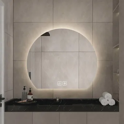 Image de Miroir de salle de bain LED, miroir mural avec interrupteur tactile, anti-buée, variateur d'intensité, lumière tricolore, verre argenté sans cuivre de 5 mm, forme incurvée, couleur argent, dimensions : 50 x 43 cm