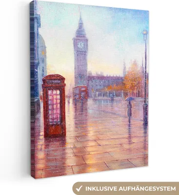 Produktbild von MuchoWow® - Leinwandbilder - Malerei - Ölgemälde - London - Telefon, Wandbild, Wanddeko Bilder Wohnzimmer, 90x120cm