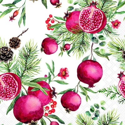 Produktbild von Weihnachten Servietten 33x33 cm 3-lagig 20 Stück Pomegranates whiteMix  Granatapfel Tannenzapfen weiß