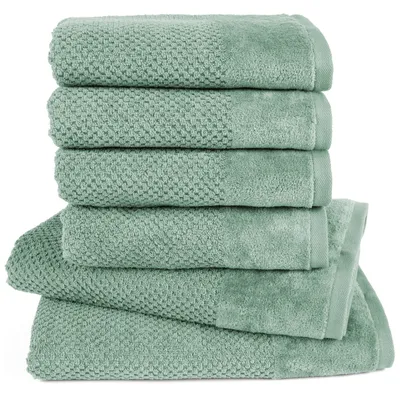 Produktbild von Pure Label 6-TLG Handtücher Set mit Aufhängeschlaufen aus Baumwolle, saugstark und weich - 2xBadetuch 70x140 cm 4xHandtuch 50x100cm, Grün