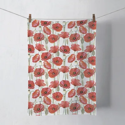 Zdjęcie produktu dla Ściereczka kuchenna bawełniana 50 x 70 cm z motywem maków Biała / czerwona