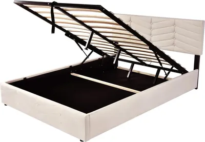Imagen del producto de Cama tapizada de 140x200 cm, con somier y cabecero ajustable en altura, con amplio espacio de almacenamiento, color marfil