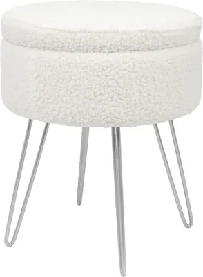 Produktbild von Weicher runder Bouclé-Fußhocker mit silbernen Haarnadelbeinen – Beige