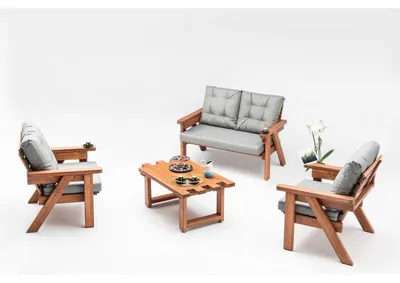 Image de Salon de jardin Ensemble détente en bois de pin et polyester gris et noyer avec canapé 3 places, 2 fauteuils et table basse