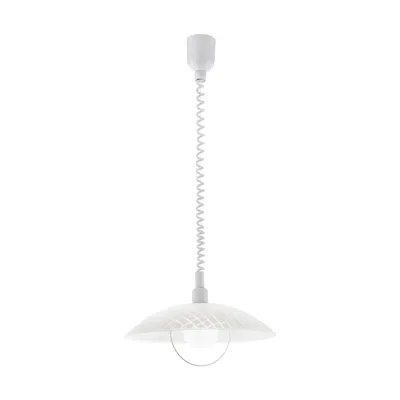A white pendant light with a coiled cord.