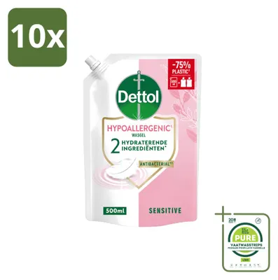Imagen del producto de 10 unidades de recambio de jabón líquido para manos Dettol, hipoalergénico, para piel sensible, 500 ml. Pack grande