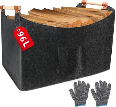 Zdjęcie produktu dla Kosz na drewno kominkowe 60 x 40 x 40 cm, 96 L, filc, z drewnianą rączką i rękawicami, do drewna