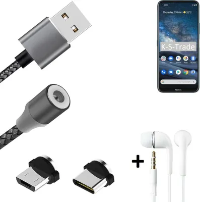 Produktbild von K-S-Trade® Hochwertiges Magnet-Lade-kabel Sync-Kabel Daten-Kabel + Kopfhörer kompatibel mit Nokia 8.3 5G mit USB-Typ-C-Anschluss und