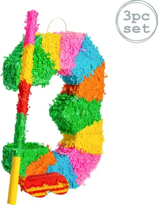 Produktbild von Fax Potato Nummer 3 Pinata Set mit Stick & Blindfold | 35 x 7,5 x 50 cm - Grün, Rot, Gelb