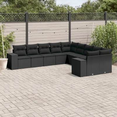 Produktbild von The Living Store 10-tlg. Garten-Sofagarnitur mit Kissen Schwarz Poly Rattan