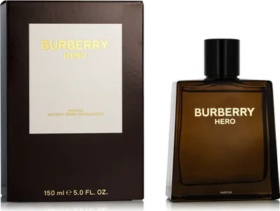 A product shot of Burberry Hero Parfüm for men and its packaging.