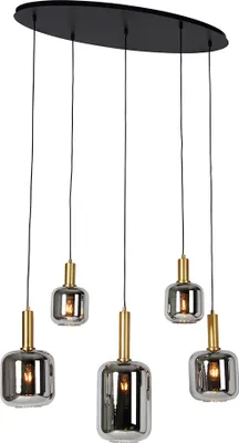 Produktbild von QAZQA - Modern Hängelampe I Pendellampe I Pendelleuchte schwarz mit Gold I Messing und Rauchglas oval 5-flammig – Zuzanna I Wohnzimmer I Schlafzimmer - Oval - LED geeignet E27
