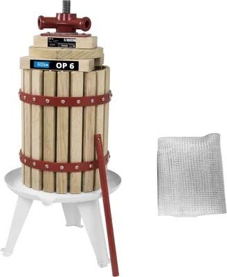 A fruit press and a white mesh bag are displayed against a white background.