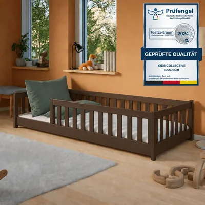 Produktbild von Kinderbett Bodenbett 80x180 cm mit Rausfallschutz & Lattenrost Montessori Bett Bed Gitterbett Kinder Jugendbett Einzelbett | Zartbitterschokolade