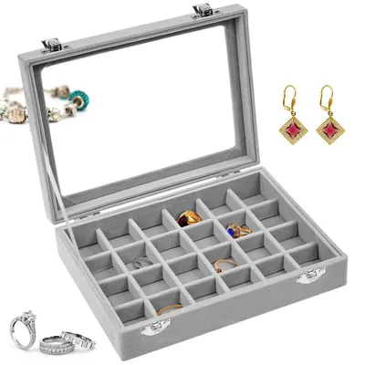 Produktbild von Schmuckkästchen Schmuckbox Schmuckaufbewahrung - 24 Fächer - Samt - Glasdeckel