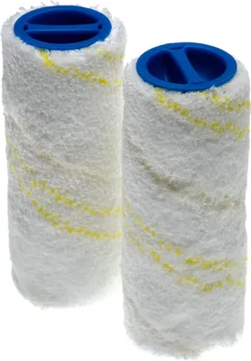 Two white microfiber brush rollers with blue plastic caps and yellow stripes, isolated on a white background.