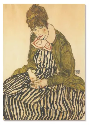 Zdjęcie produktu dla PLAKAT – 59 x 84 cm (A1) – Egon Schiele – Portret Edith Schiele w sukience w paski (1915) autorstwa Egona Schiele – Dekoracja ścienna do salonu, sypialni i przedpokoju, nowoczesny plakat, bez ramy