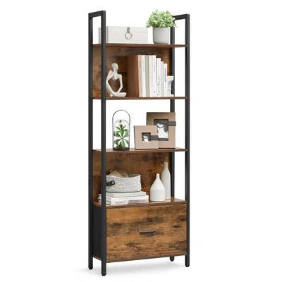 A tall, narrow bookshelf with a rustic wood finish and black metal frame, displaying various decorative items and books.