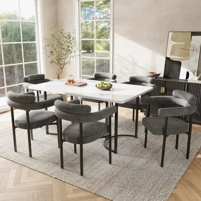 Produktbild von 6er Set Esszimmerstühle modern schlicht dunkelgrauer Wildlederstoff Ringsitze 70x62x84cm Dunkelgrau