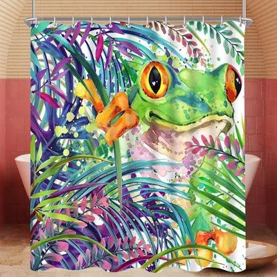 Zdjęcie produktu dla Ibenzoa® Zasłona prysznicowa, 180 x 200 cm, z motywem żaby, odporna na pleśń i wodoodporna, zawiera 12 haczyków, z obciążonym dołem