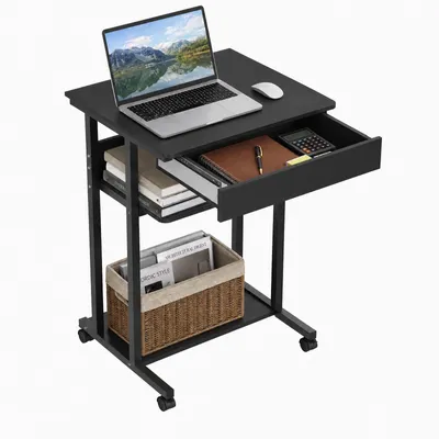Produktbild von Laptop-Schreibtisch mit Schublade,Mobiler Beistelltisch Betttisch auf Rollen,Kleiner Stehpult mit Regalen für Sofa, Bett und Arbeitszimmer 51x51x80cm