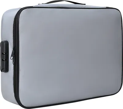 A gray fireproof document bag with a black combination lock on the left side.