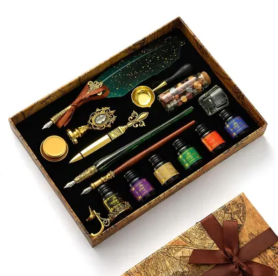 Image de Kit de calligraphie comprenant un stylo et de l'encre, avec plume, stylo en verre et stylo en bois, 18 plumes, un tampon encreur, des perles de cire, une boîte cadeau, couleur vert