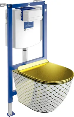 Produktbild von DOMINO | Villeroy&Boch ViConnect H112 Vorwandelement Unterputz WC mit Bedienplatte + Wand Hänge Tiefspül WC Sofi Slim Checked Gold | WC Komplett Set |