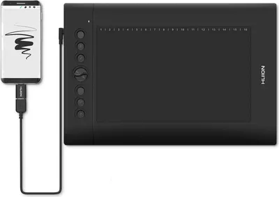 Produktbild von HUION H610PRO V2 Grafiktablett, Modellnr: H610PRO V2, Produkttyp: Grafiktablett, Merkmale: Batteriefreier Stift mit ±60° Neigungsfunktion, 10 x 6 Zoll, kompatibel mit Mac, Windows und Android, ideal für Homeoffice und Fernlernen.