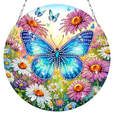 Obrázok produktu pre Sada na tvorbu obrazov technikou "diamond painting" – prívesky s motívom kvetov a motýľov, dekorácie do okien, kreatívna sada, visiace ozdoby, dekorácie, darček