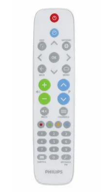 A white Philips remote control with various buttons.