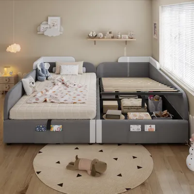 Obrázek produktu pro Merax čalouněná postel 90x200 cm pro děti, hydraulické lůžko s úložným prostorem, zvýšená měkká ohrádka, jednolůžko se sametem + překližka, šedá barva