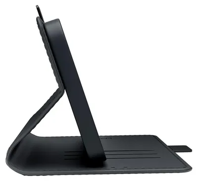 A black tablet case is propped up on a white background.