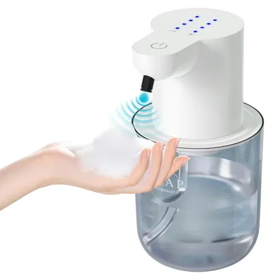 Productafbeelding van Automatische schuimzeepdispenser: 400 ml, contactloze zeepdispenser met sensor | 4 vulniveaus, waterdicht (IPX5) | Elektrisch, met USB-oplaadfunctie, geschikt voor badkamer en keuken | Wandmontage (geen boren nodig) in wit