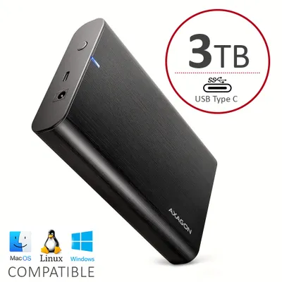 A black external hard drive with a brushed metal finish is shown at an angle against a white background.