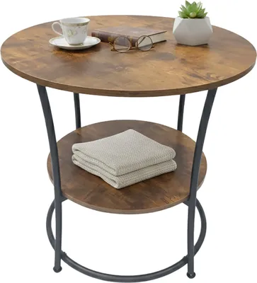 Produktbild von Relaxdays Beistelltisch, 2 Ablagen, HxD: 55x55 cm, Holzoptik & Metall, Sofatisch, runder Couchtisch, dunkelbraun/schwarz
