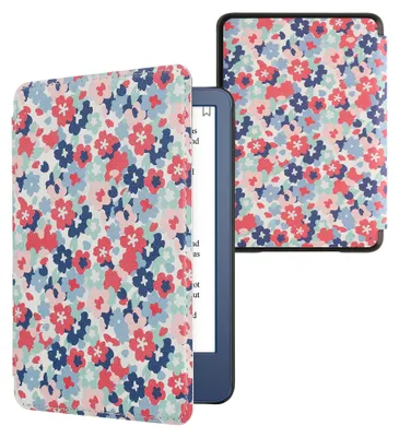 Produktbild von kwmobile Schutzhülle für Amazon Kindle (2022/2024) Hülle - eReader Flip Case mit Auto Sleep Funktion - Pastellblumen mit Rot Altrosa Blau