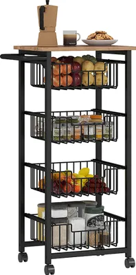 A kitchen cart filled with various items like fruits, vegetables, jars, and cookies, placed on a white background.