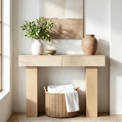 Produktbild von Konsolentisch mit 2 Rattanschubladen 114 cm Holz Beistelltisch mit Stauraum