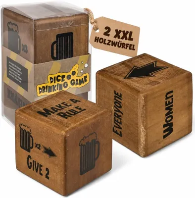 Productafbeelding van Drinkspel XXL - 2 grote houten dobbelstenen met feestspreuken - Grappig dobbelspel voor volwassenen - 9,5 x 9,5 cm