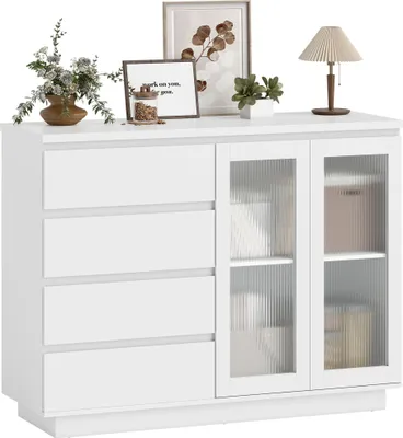 Produktbild von HOMCOM Buffetschrank, Sideboard mit 4 Schubladen, 2 Glastüren, Weiß