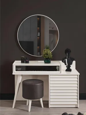 Produktbild von Weißer Schminktisch mit Schubladen Rundsessel Konsole Luxus Polsterhocker 3tlg