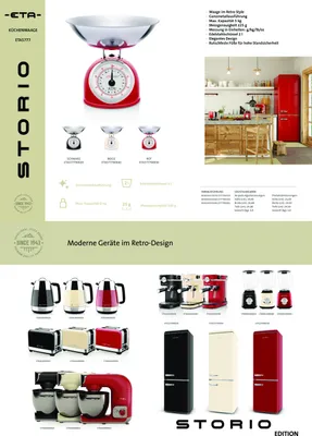 A collage of kitchen appliances in retro style, featuring a red kitchen scale as the main product, alongside other items like kettles, toasters, coffee machines, blenders, and refrigerators.